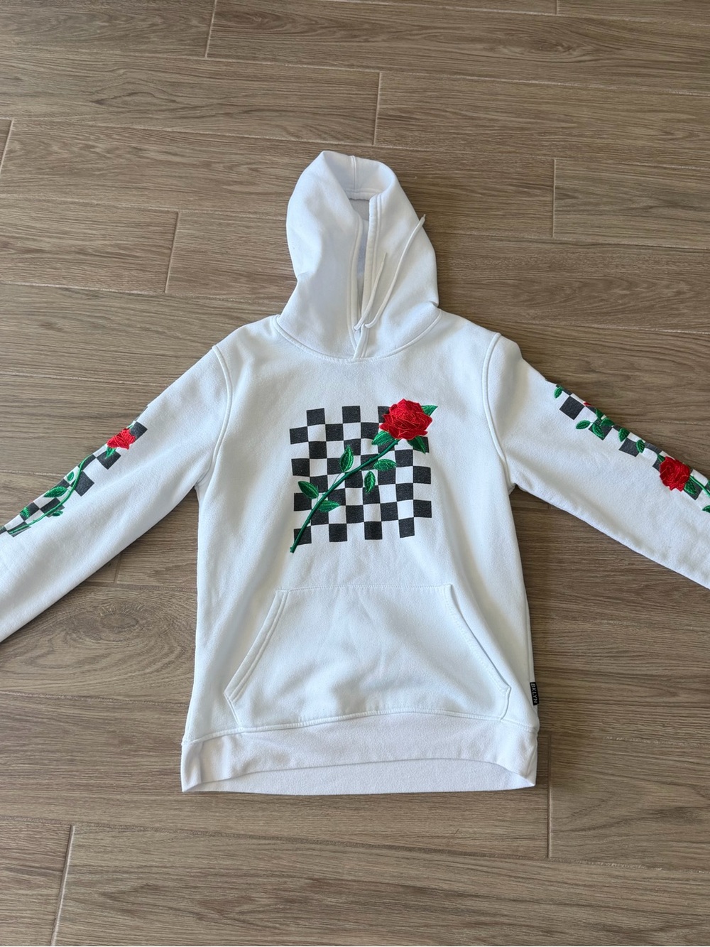 Brooklyn Cloth White Zip-Up Hoodie with Red Rose and Black Checkered Graphic